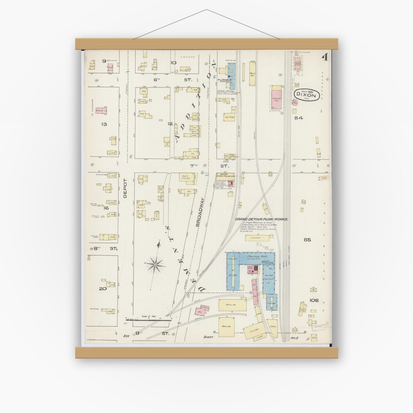 Old map wall art mockup — magnetic wood frame on white wall — Sanborn Fire Insurance Map from Dixon, Lee County, Illinois (1885), Sheet #0004