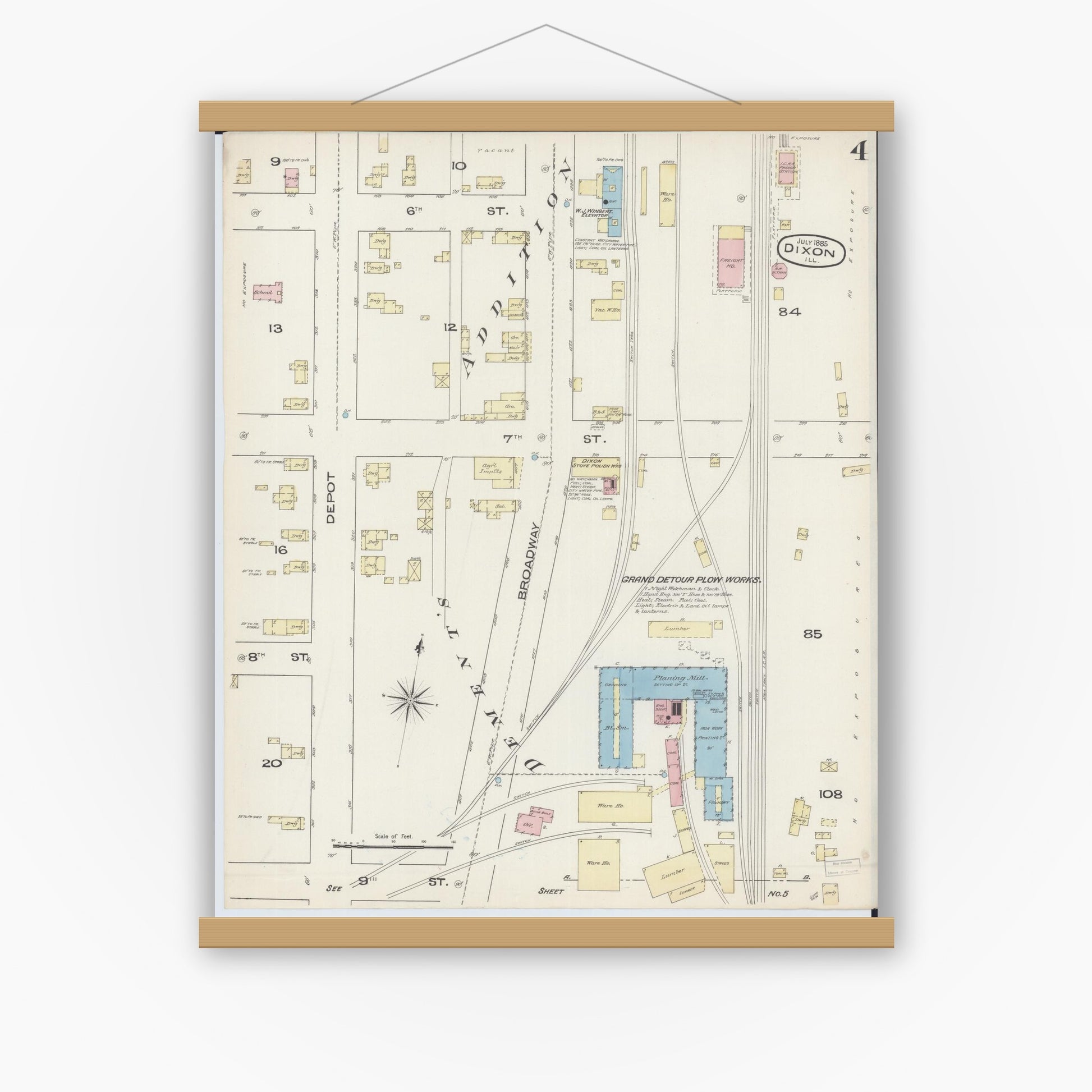 Old map wall art mockup — magnetic wood frame on white wall — Sanborn Fire Insurance Map from Dixon, Lee County, Illinois (1885), Sheet #0004