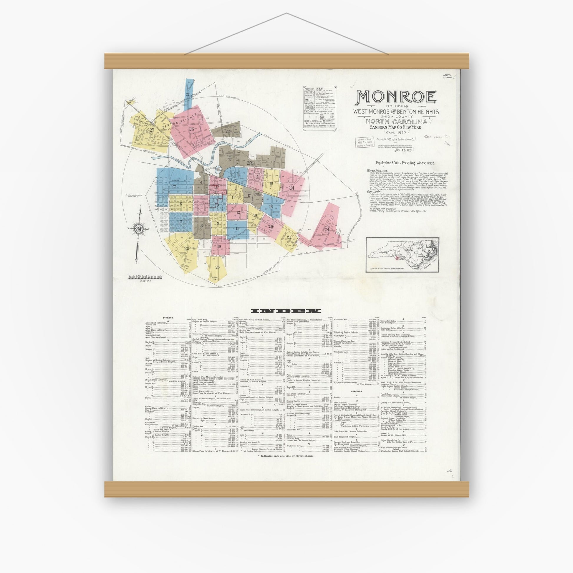 Old map wall art mockup — magnetic wood frame on white wall — Sanborn Fire Insurance Map from Monroe, Union County, North Carolina (1930) - Complete Map Set
