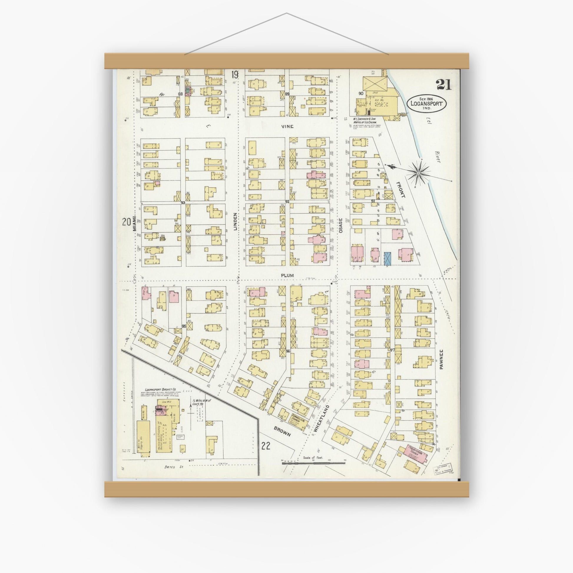 Old map wall art mockup — magnetic wood frame on white wall — Sanborn Fire Insurance Map from Logansport, Cass County, Indiana (1906), Sheet #0021