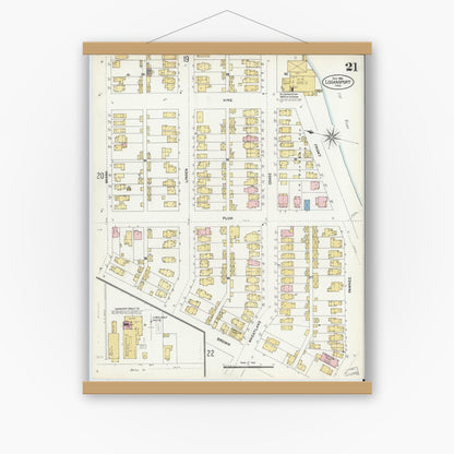 Old map wall art mockup — magnetic wood frame on white wall — Sanborn Fire Insurance Map from Logansport, Cass County, Indiana (1906), Sheet #0021