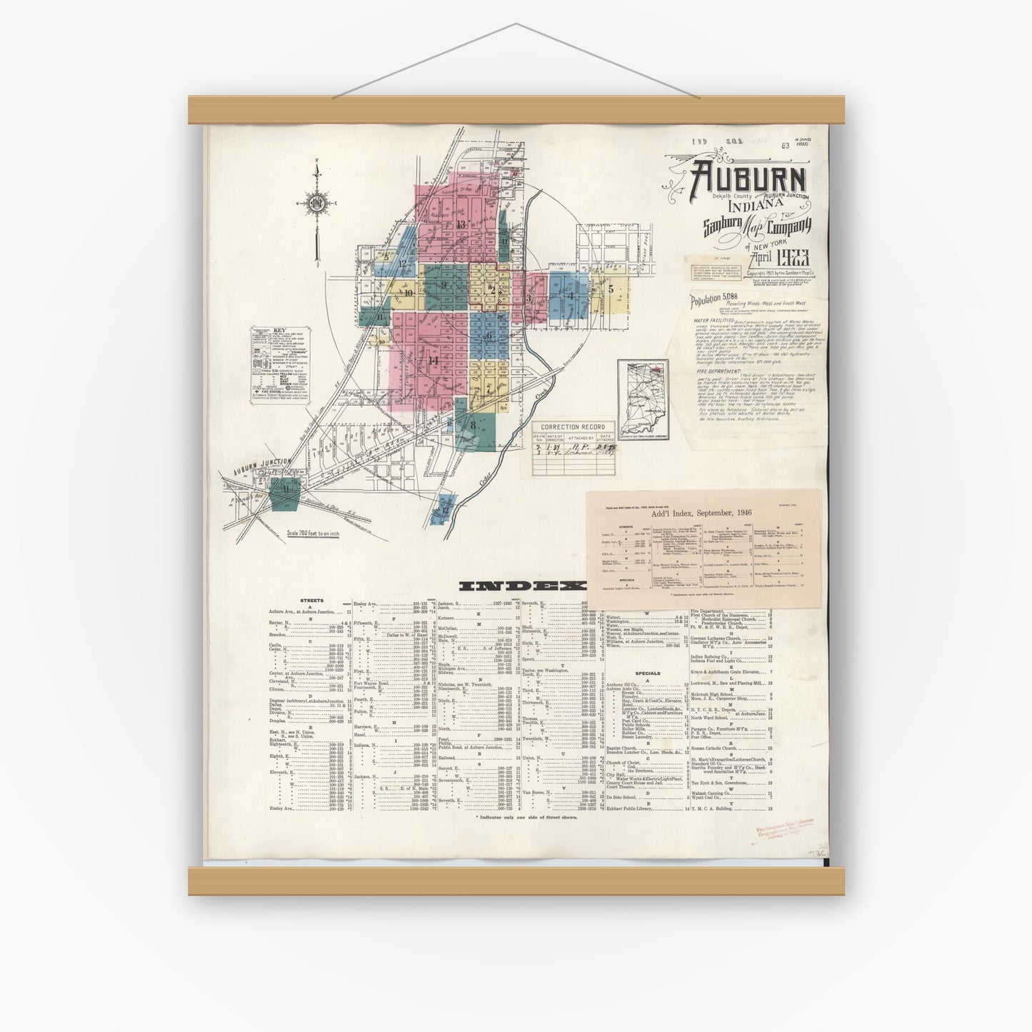 Old map wall art mockup — magnetic wood frame on white wall — Sanborn Fire Insurance Map from Auburn, De Kalb County, Indiana (1946), Sheet #0001