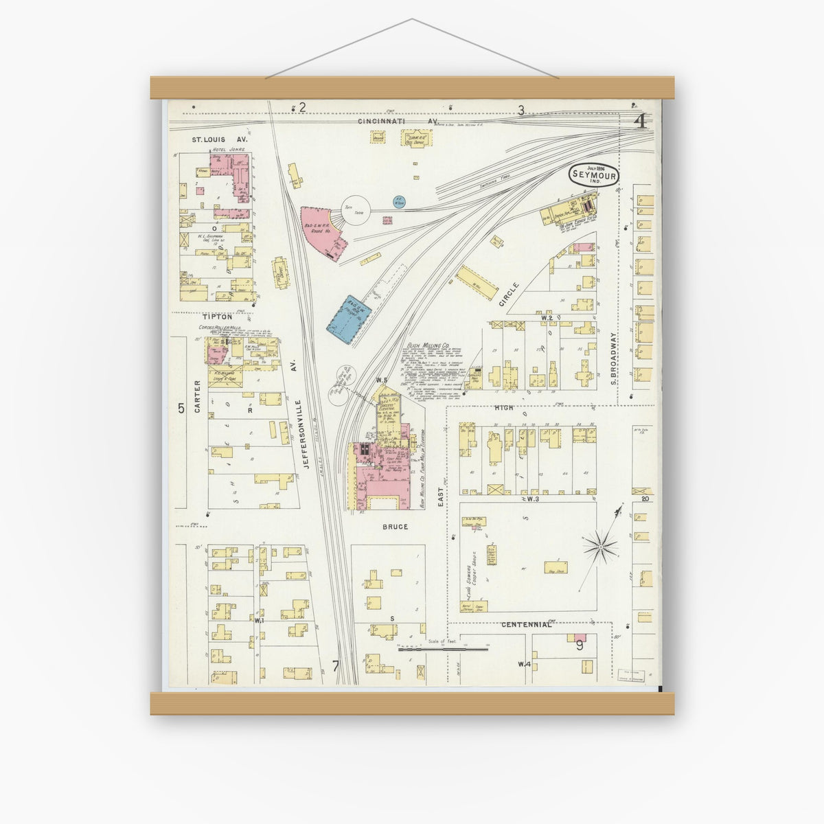 Old map wall art mockup — magnetic wood frame on white wall — Sanborn Fire Insurance Map from Seymour, Jackson County, Indiana (1896), Sheet #0004