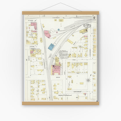 Old map wall art mockup — magnetic wood frame on white wall — Sanborn Fire Insurance Map from Seymour, Jackson County, Indiana (1896), Sheet #0004