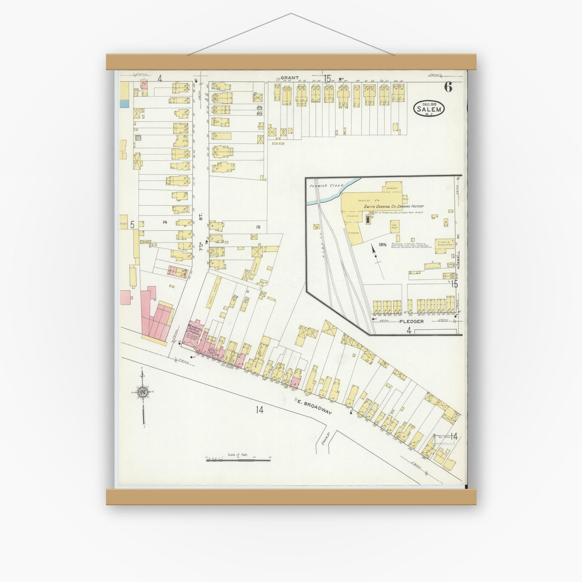Old map wall art mockup — magnetic wood frame on white wall — Sanborn Fire Insurance Map from Salem, Salem County, New Jersey (1915), Sheet #0006