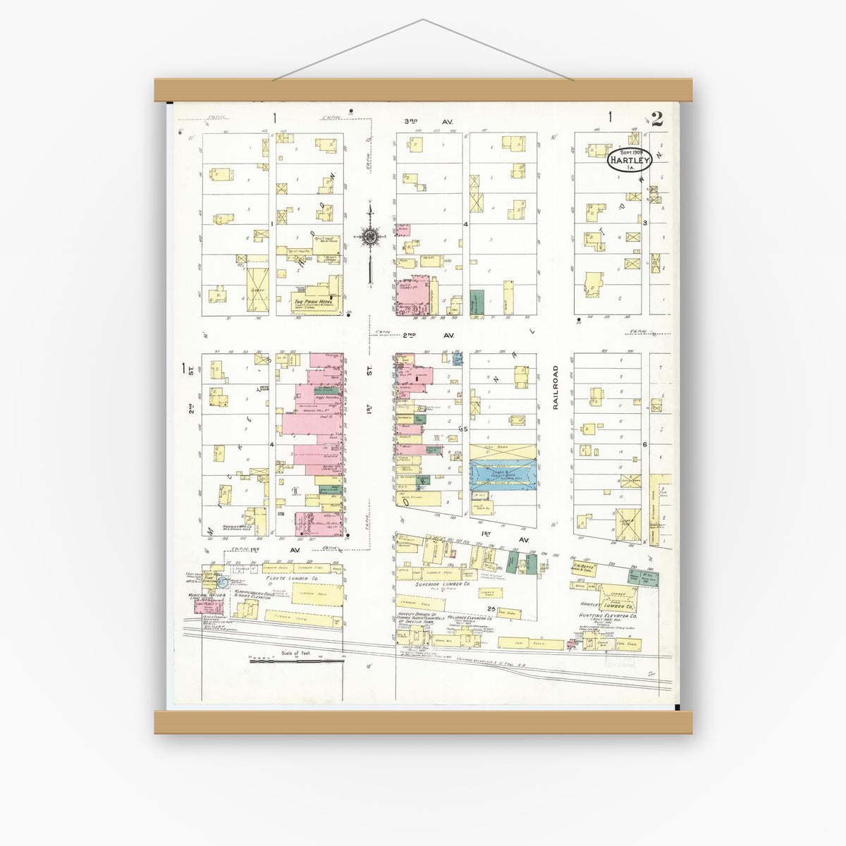 Old map wall art mockup — magnetic wood frame on white wall — Sanborn Fire Insurance Map from Hartley, O'Brien County, Iowa (1909), Sheet #0002
