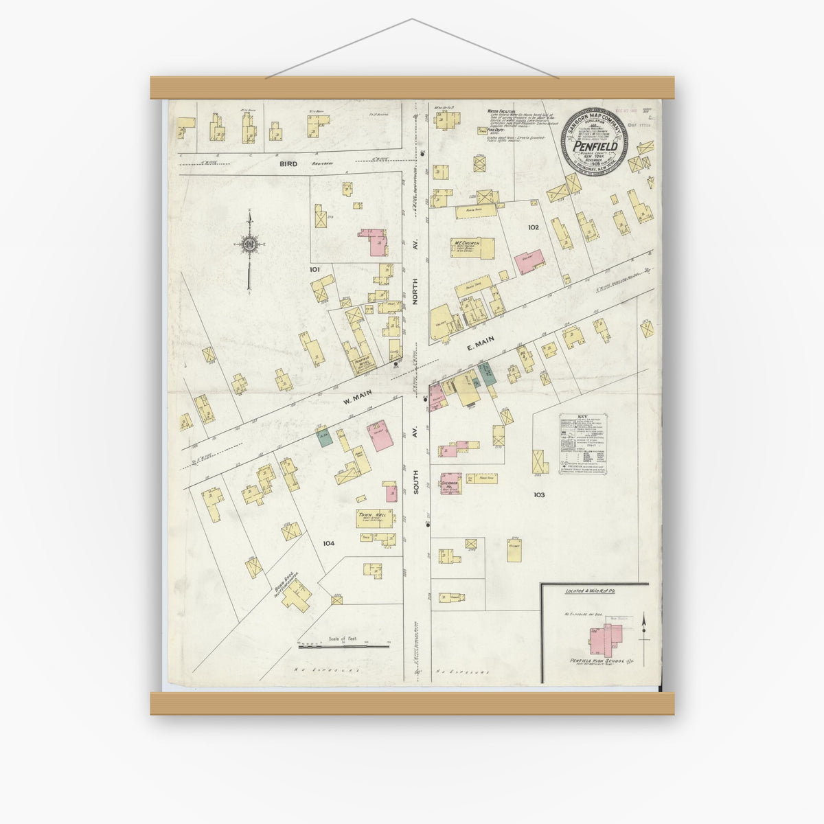 Old map wall art mockup — magnetic wood frame on white wall — Sanborn Fire Insurance Map from Penfield, Monroe County, New York (1909), Sheet #0001