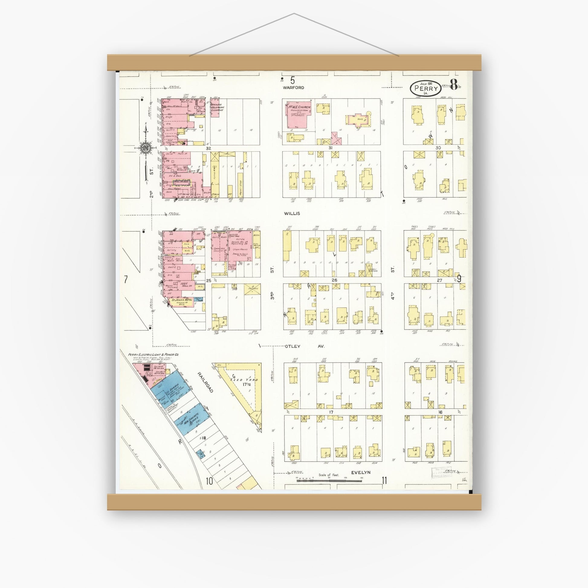 Old map wall art mockup — magnetic wood frame on white wall — Sanborn Fire Insurance Map from Perry, Dallas County, Iowa (1911), Sheet #0008