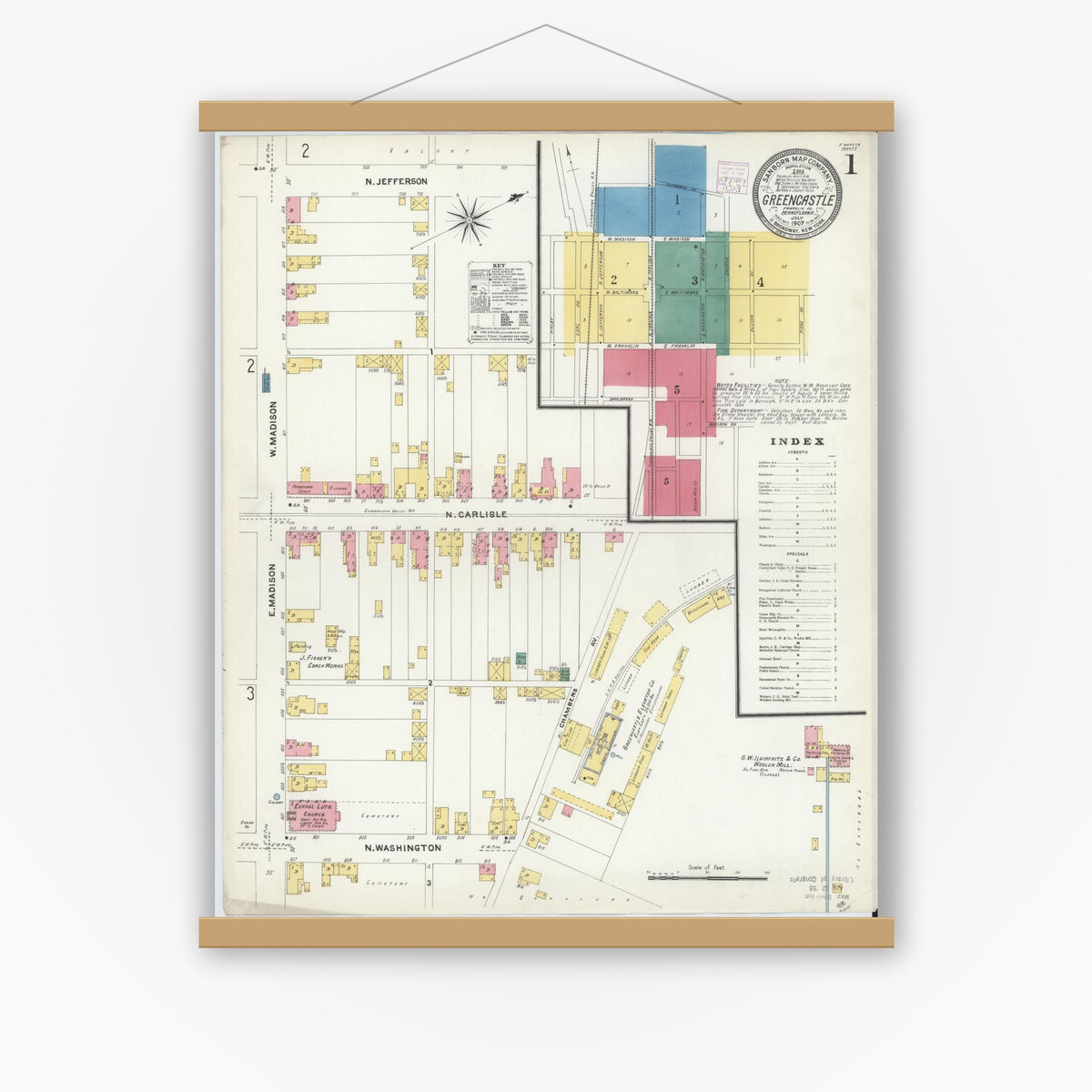 Old map wall art mockup — magnetic wood frame on white wall — Sanborn Fire Insurance Map from Greencastle, Franklin County, Pennsylvania (1907), Sheet #0001