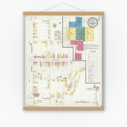 Old map wall art mockup — magnetic wood frame on white wall — Sanborn Fire Insurance Map from Greencastle, Franklin County, Pennsylvania (1907), Sheet #0001