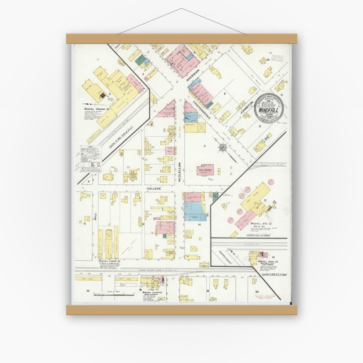 Old map wall art mockup — magnetic wood frame on white wall — Sanborn Fire Insurance Map from Windfall, Tipton County, Indiana (1909), Sheet #0001