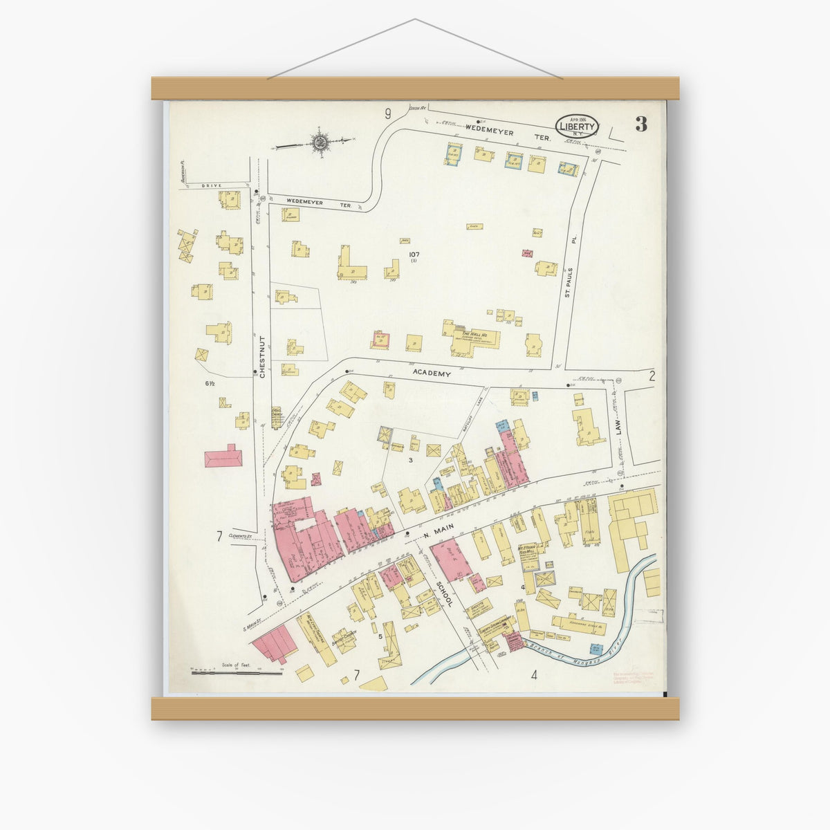 Old map wall art mockup — magnetic wood frame on white wall — Sanborn Fire Insurance Map from Liberty, Sullivan County, New York (1916), Sheet #0003