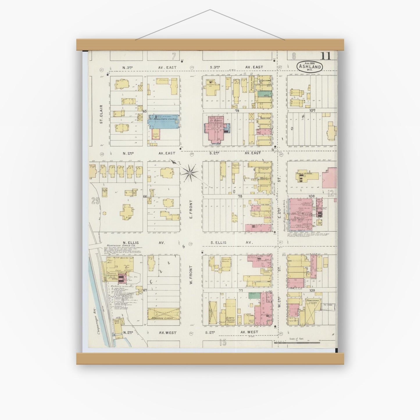 Old map wall art mockup — magnetic wood frame on white wall — Sanborn Fire Insurance Map from Ashland, Ashland County, Wisconsin (1895), Sheet #0011