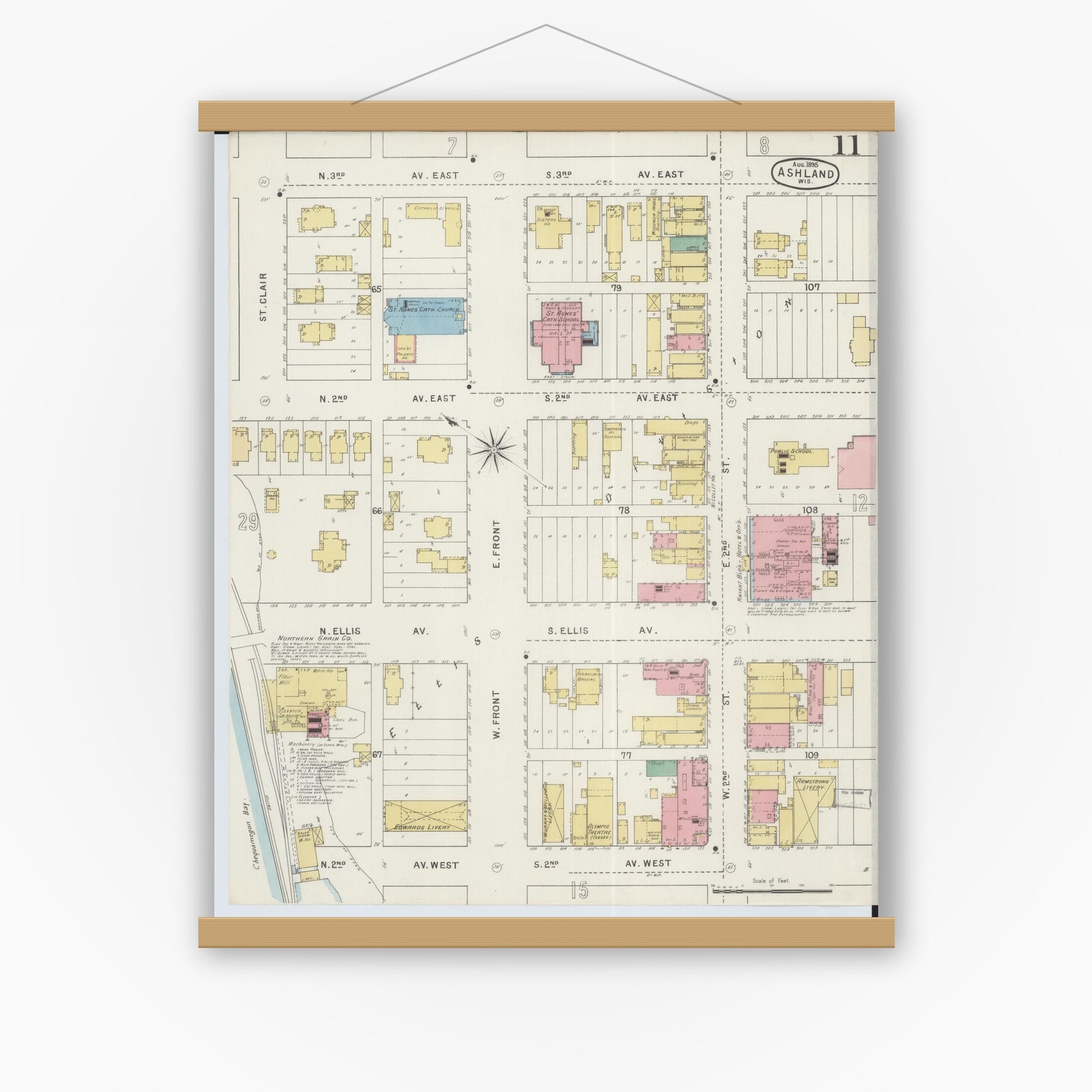 Old map wall art mockup — magnetic wood frame on white wall — Sanborn Fire Insurance Map from Ashland, Ashland County, Wisconsin (1895), Sheet #0011