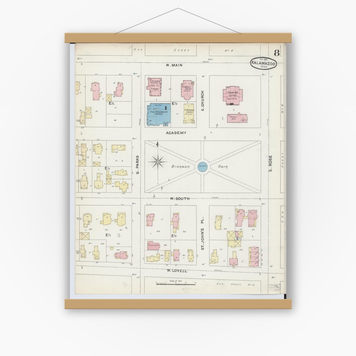 Old map wall art mockup — magnetic wood frame on white wall — Sanborn Fire Insurance Map from Kalamazoo, Kalamazoo County, Michigan (1891), Sheet #0008