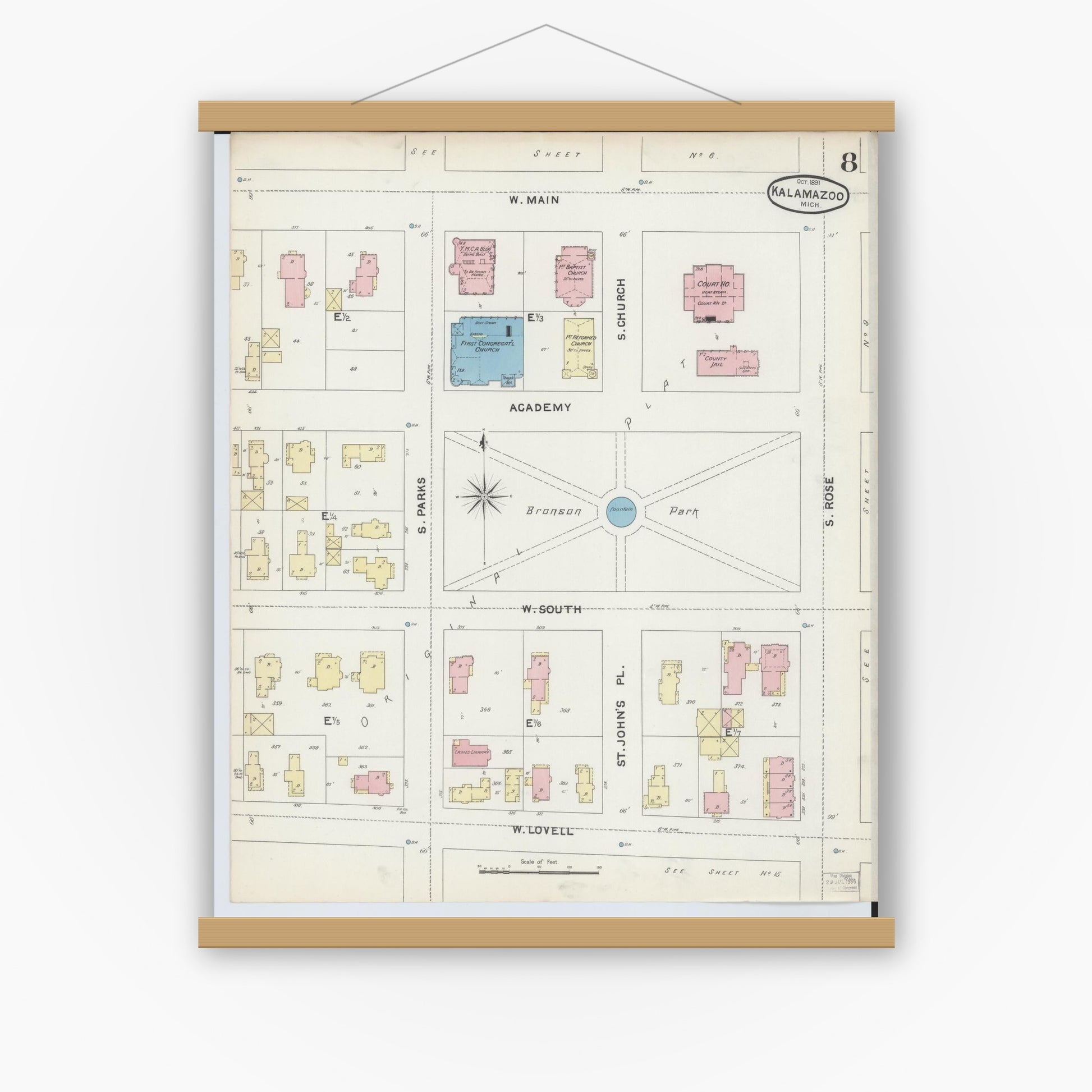 Old map wall art mockup — magnetic wood frame on white wall — Sanborn Fire Insurance Map from Kalamazoo, Kalamazoo County, Michigan (1891), Sheet #0008