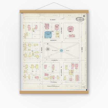 Old map wall art mockup — magnetic wood frame on white wall — Sanborn Fire Insurance Map from Kalamazoo, Kalamazoo County, Michigan (1891), Sheet #0008