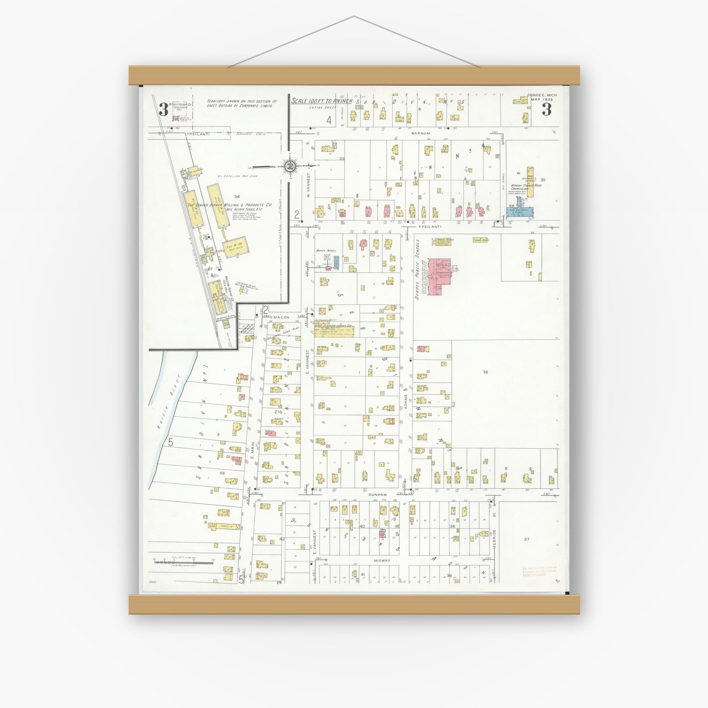 Old map wall art mockup — magnetic wood frame on white wall — Sanborn Fire Insurance Map from Dundee, Monroe County, Michigan (1938), Sheet #0003