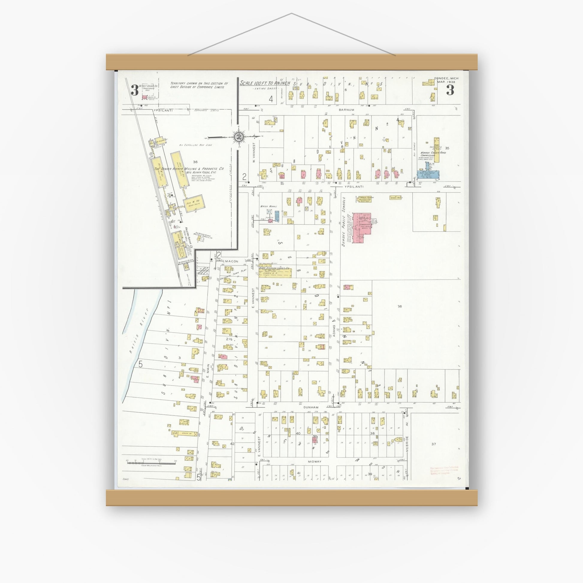 Old map wall art mockup — magnetic wood frame on white wall — Sanborn Fire Insurance Map from Dundee, Monroe County, Michigan (1938), Sheet #0003