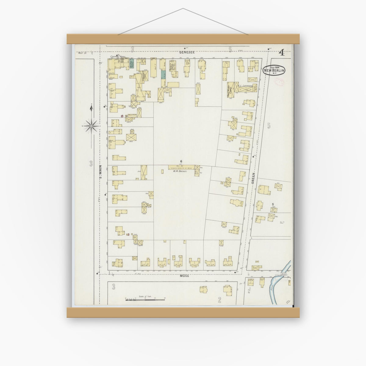 Old map wall art mockup — magnetic wood frame on white wall — Sanborn Fire Insurance Map from New Berlin, Chenango County, New York (1894), Sheet #0004