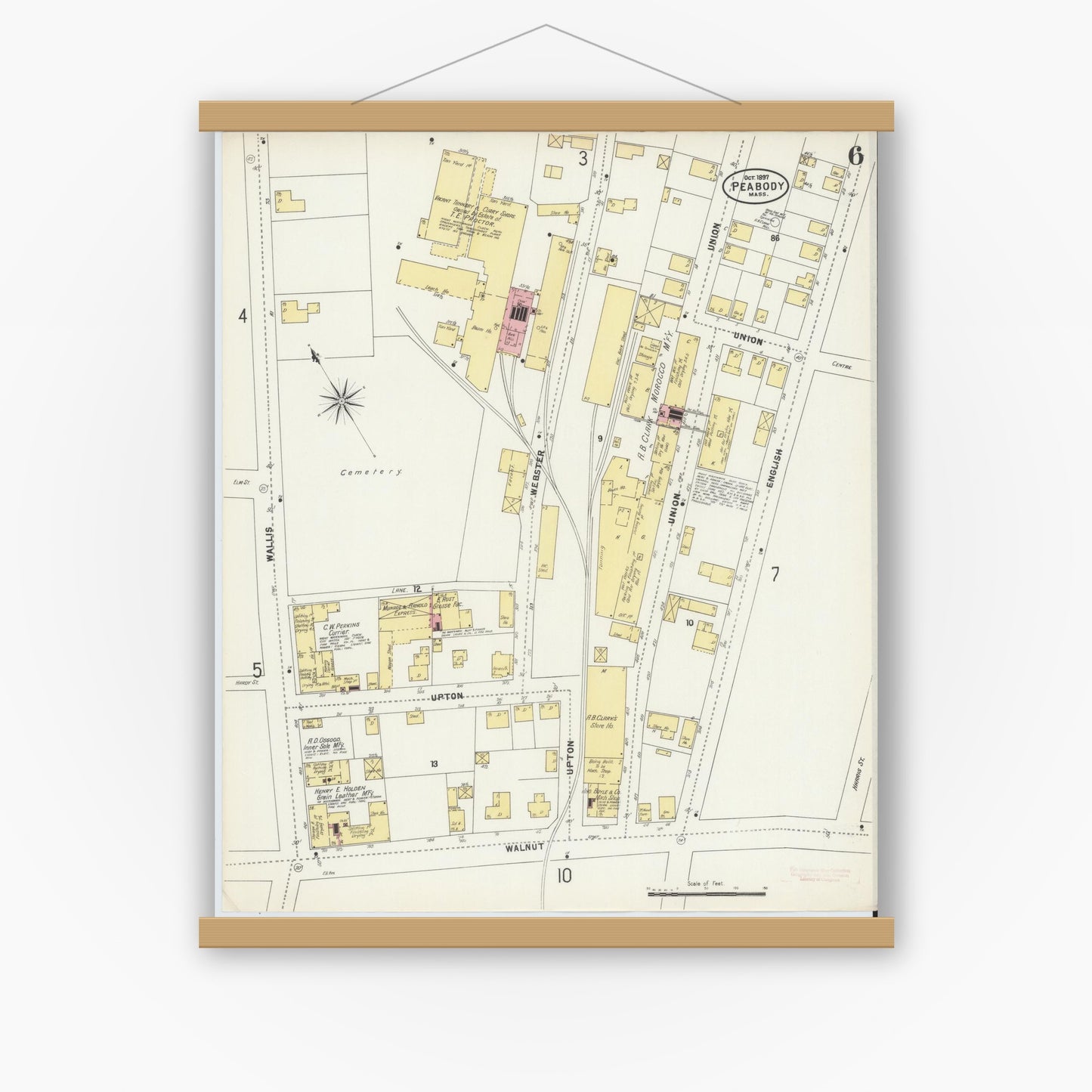 Old map wall art mockup — magnetic wood frame on white wall — Sanborn Fire Insurance Map from Peabody, Essex County, Massachusetts (1897), Sheet #0006