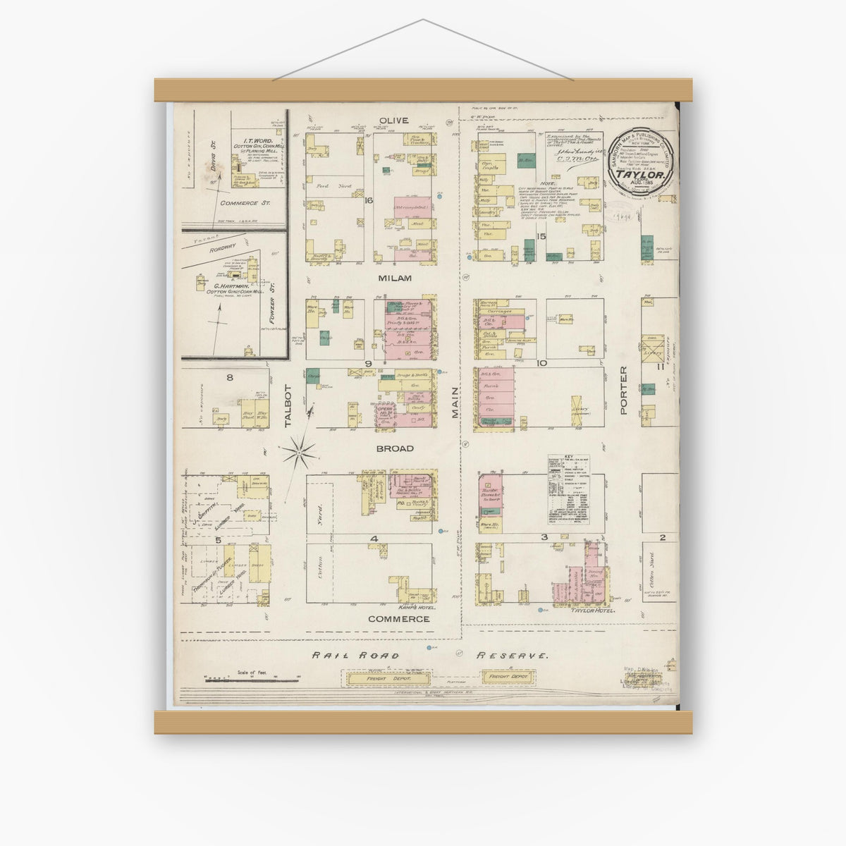 Old map wall art mockup — magnetic wood frame on white wall — Sanborn Fire Insurance Map from Taylor, Williamson County, Texas (1885), Sheet #0001