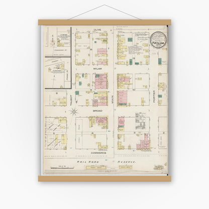 Old map wall art mockup — magnetic wood frame on white wall — Sanborn Fire Insurance Map from Taylor, Williamson County, Texas (1885), Sheet #0001