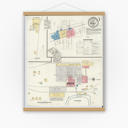 Old map wall art mockup — magnetic wood frame on white wall — Sanborn Fire Insurance Map from Quincy, Branch County, Michigan (1919) - Complete Map Set