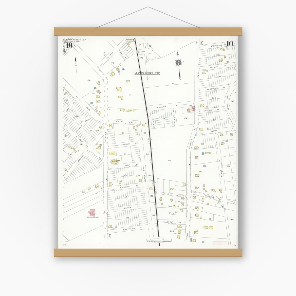 Old map wall art mockup — magnetic wood frame on white wall — Sanborn Fire Insurance Map from New Providence, Union County, New Jersey (1938), Sheet #0010