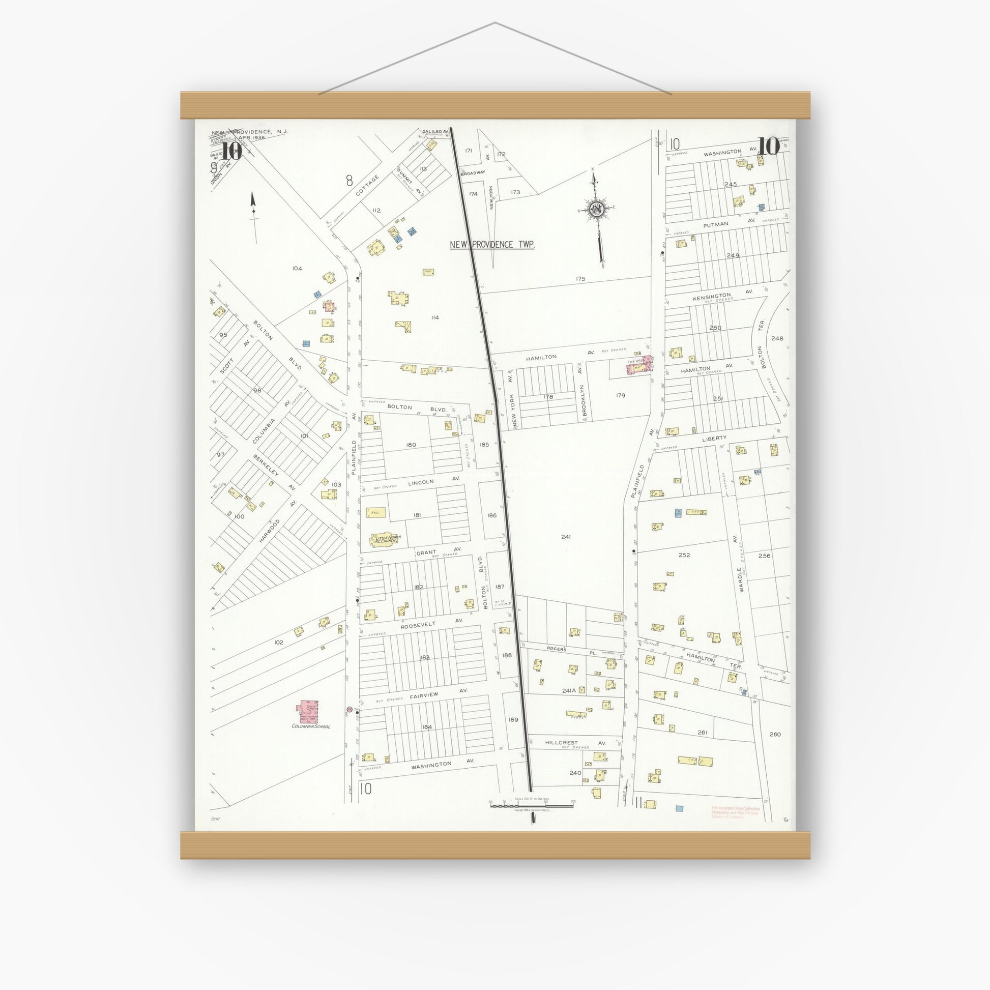 Old map wall art mockup — magnetic wood frame on white wall — Sanborn Fire Insurance Map from New Providence, Union County, New Jersey (1938), Sheet #0010