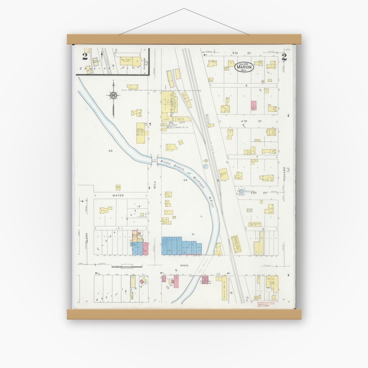 Old map wall art mockup — magnetic wood frame on white wall — Sanborn Fire Insurance Map from Marion, Osceola County, Michigan (1929), Sheet #0002