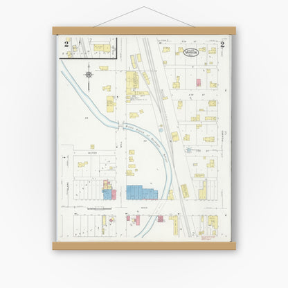 Old map wall art mockup — magnetic wood frame on white wall — Sanborn Fire Insurance Map from Marion, Osceola County, Michigan (1929), Sheet #0002