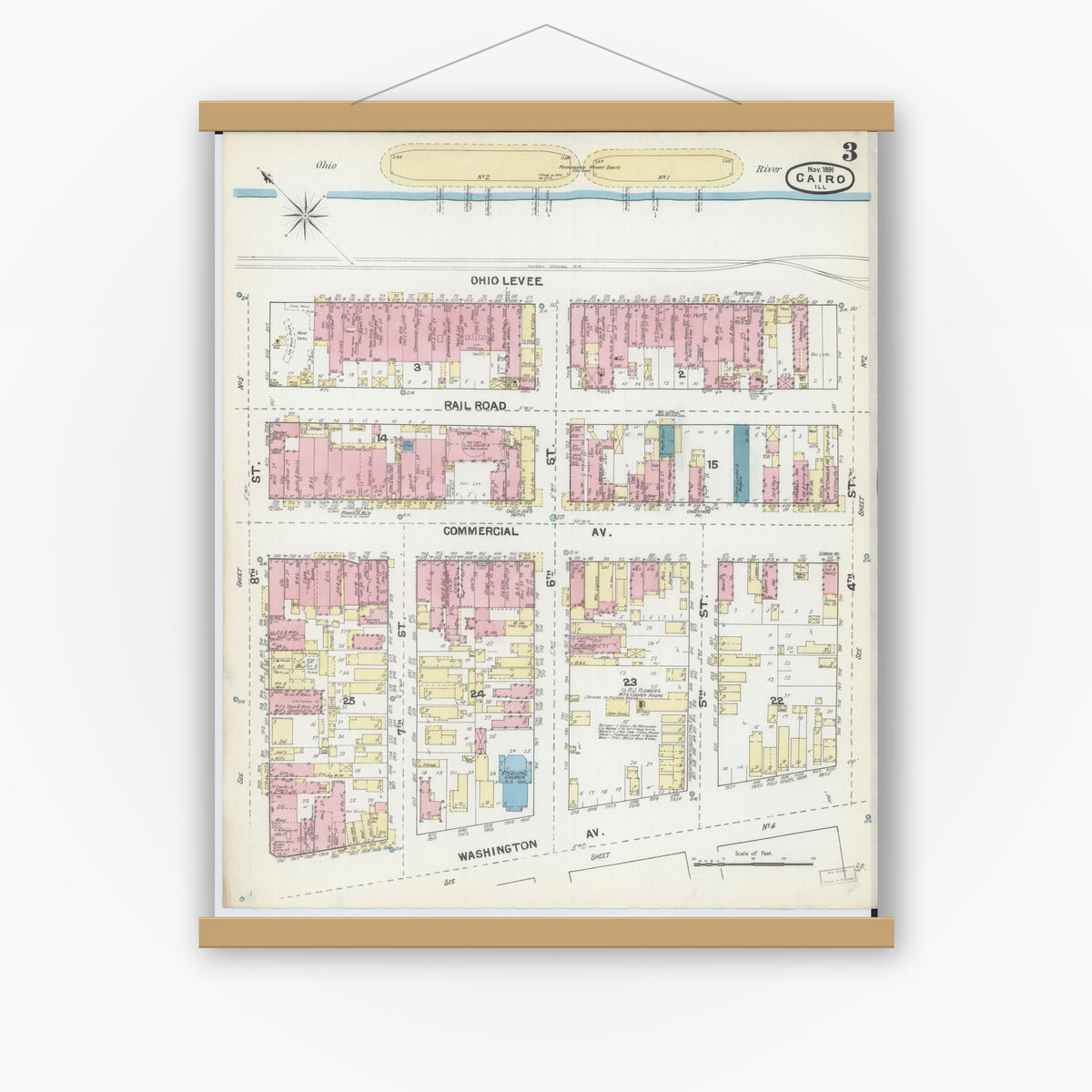 Old map wall art mockup — magnetic wood frame on white wall — Sanborn Fire Insurance Map from Cairo, Alexander County, Illinois (1891), Sheet #0003