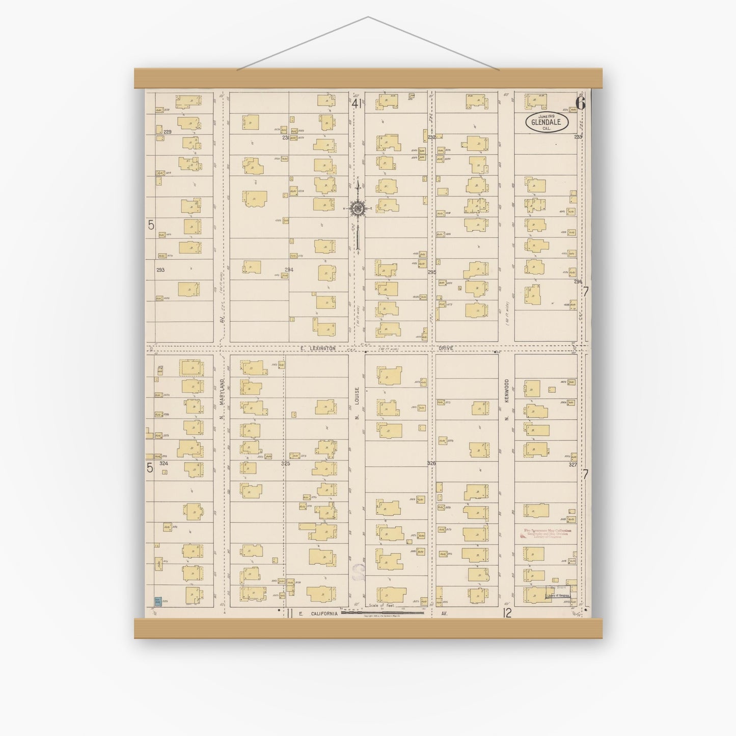 Old map wall art mockup — magnetic wood frame on white wall — Sanborn Fire Insurance Map from Glendale, Los Angeles County, California (1919), Sheet #0006