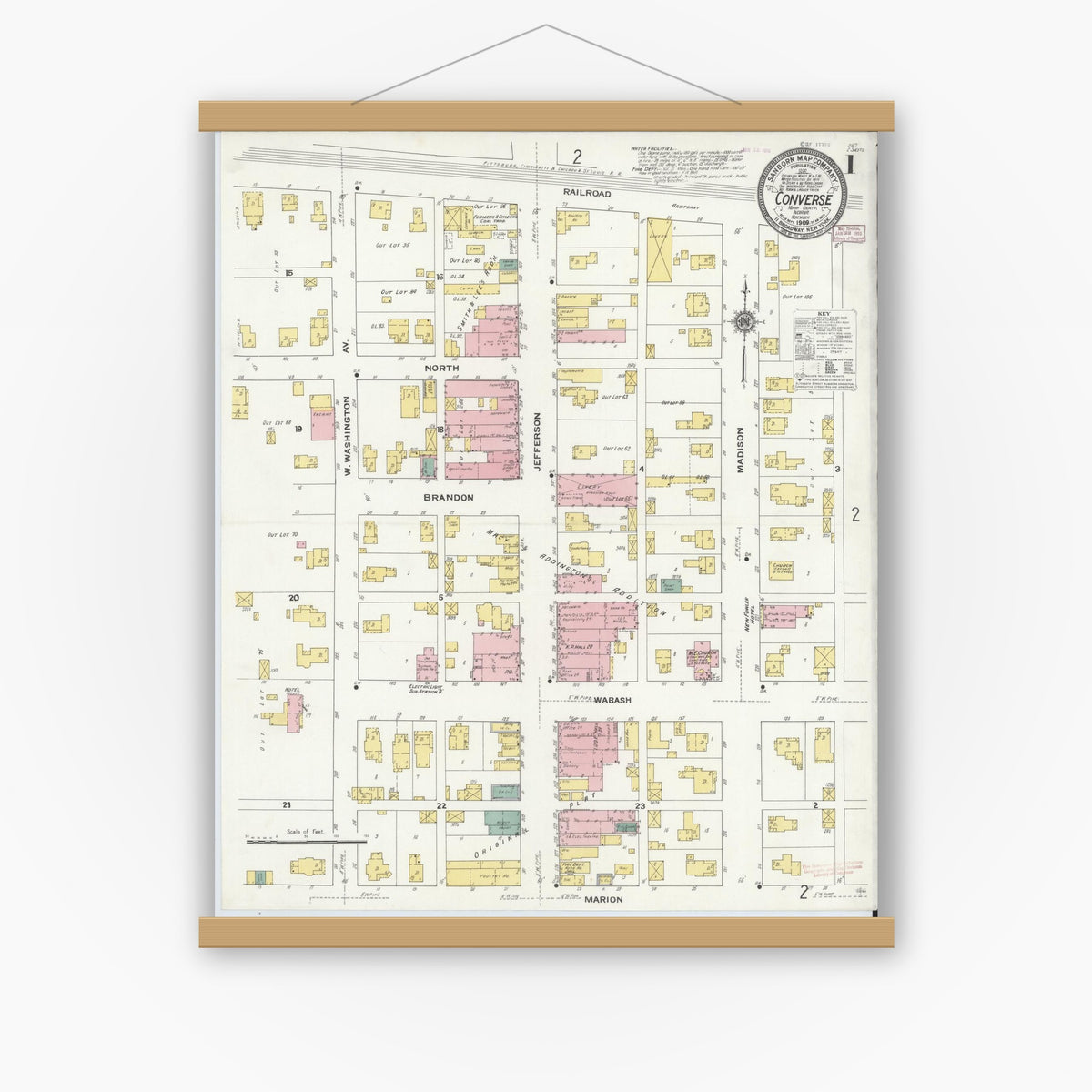 Old map wall art mockup — magnetic wood frame on white wall — Sanborn Fire Insurance Map from Converse, Miami County, Indiana (1909), Sheet #0001