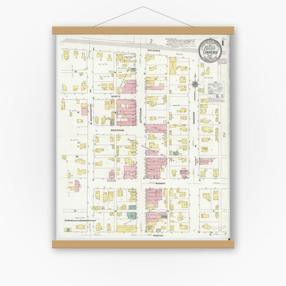 Old map wall art mockup — magnetic wood frame on white wall — Sanborn Fire Insurance Map from Converse, Miami County, Indiana (1909), Sheet #0001