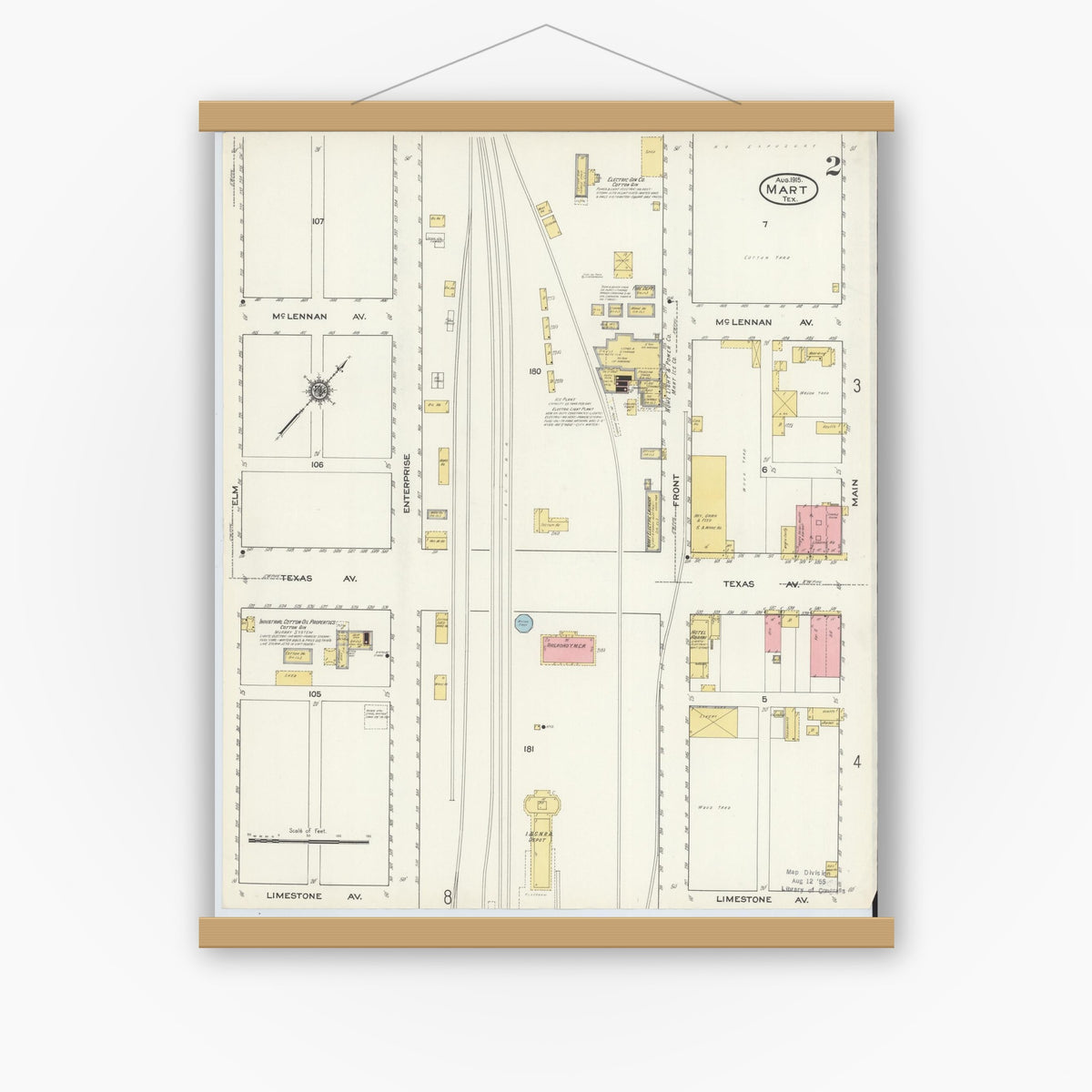 Old map wall art mockup — magnetic wood frame on white wall — Sanborn Fire Insurance Map from Mart, McLennan County, Texas (1915), Sheet #0002