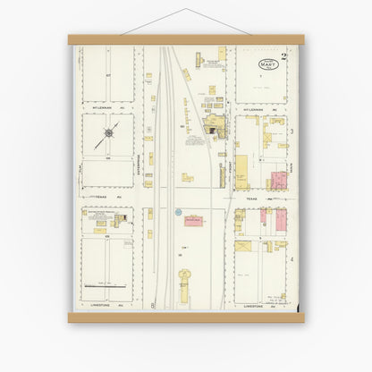 Old map wall art mockup — magnetic wood frame on white wall — Sanborn Fire Insurance Map from Mart, McLennan County, Texas (1915), Sheet #0002