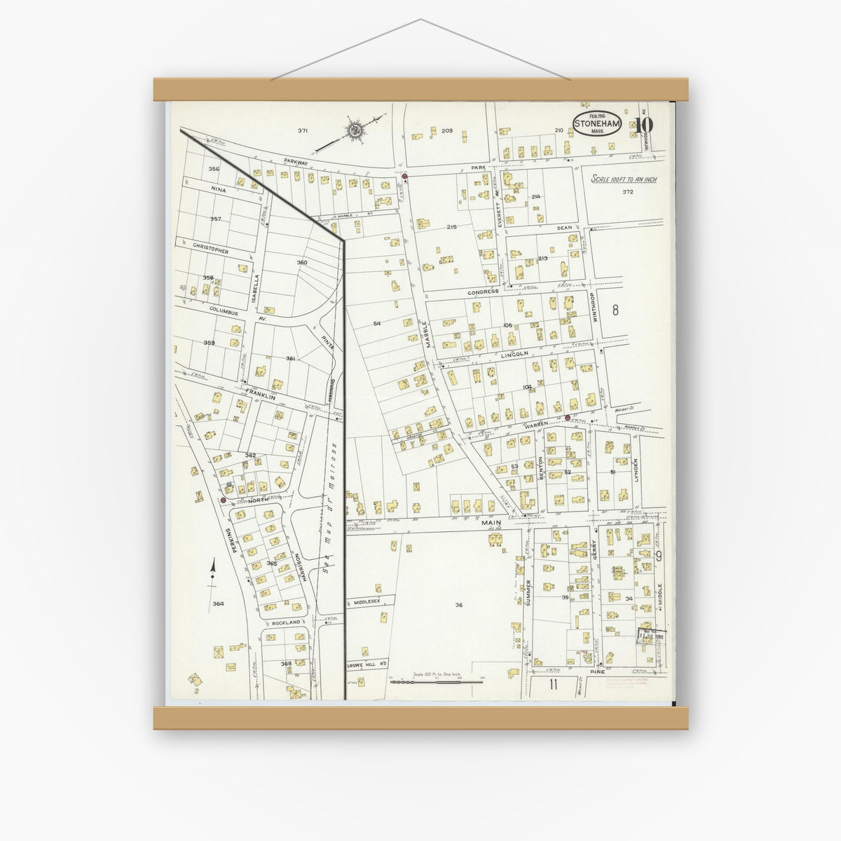 Old map wall art mockup — magnetic wood frame on white wall — Sanborn Fire Insurance Map from Stoneham, Middlesex County, Massachusetts (1916), Sheet #0010