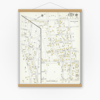 Old map wall art mockup — magnetic wood frame on white wall — Sanborn Fire Insurance Map from Stoneham, Middlesex County, Massachusetts (1916), Sheet #0010