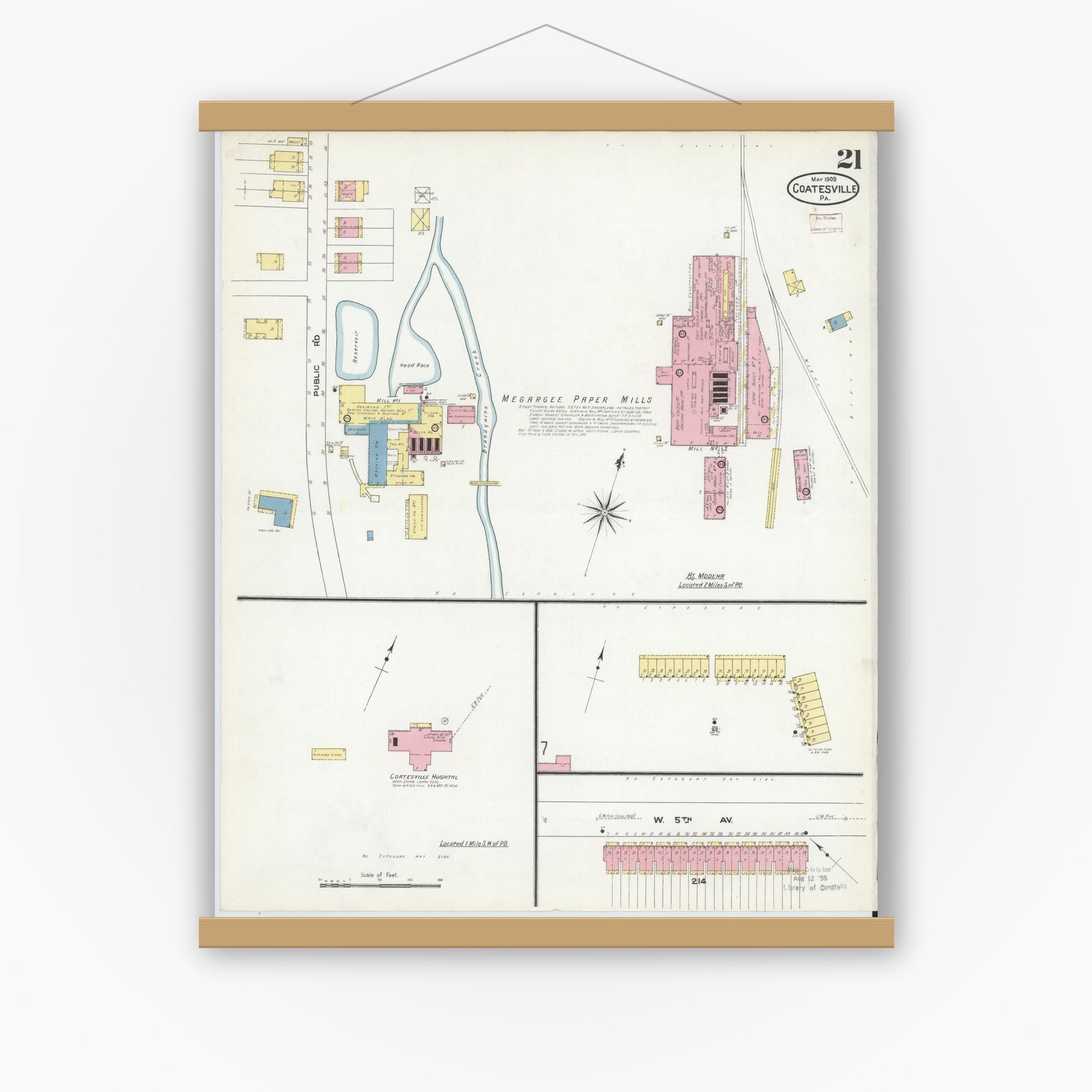 Old map wall art mockup — magnetic wood frame on white wall — Sanborn Fire Insurance Map from Coatesville, Chester County, Pennsylvania (1909), Sheet #0021