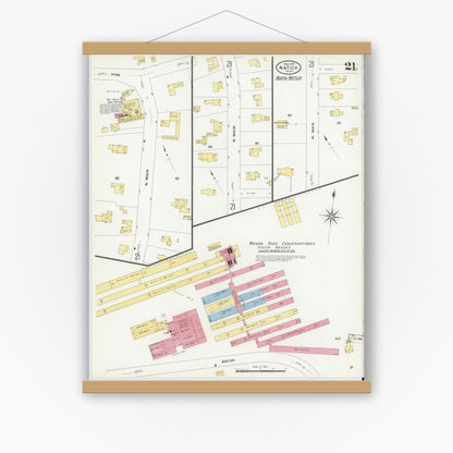 Old map wall art mockup — magnetic wood frame on white wall — Sanborn Fire Insurance Map from Natick, Middlesex County, Massachusetts (1909), Sheet #0021