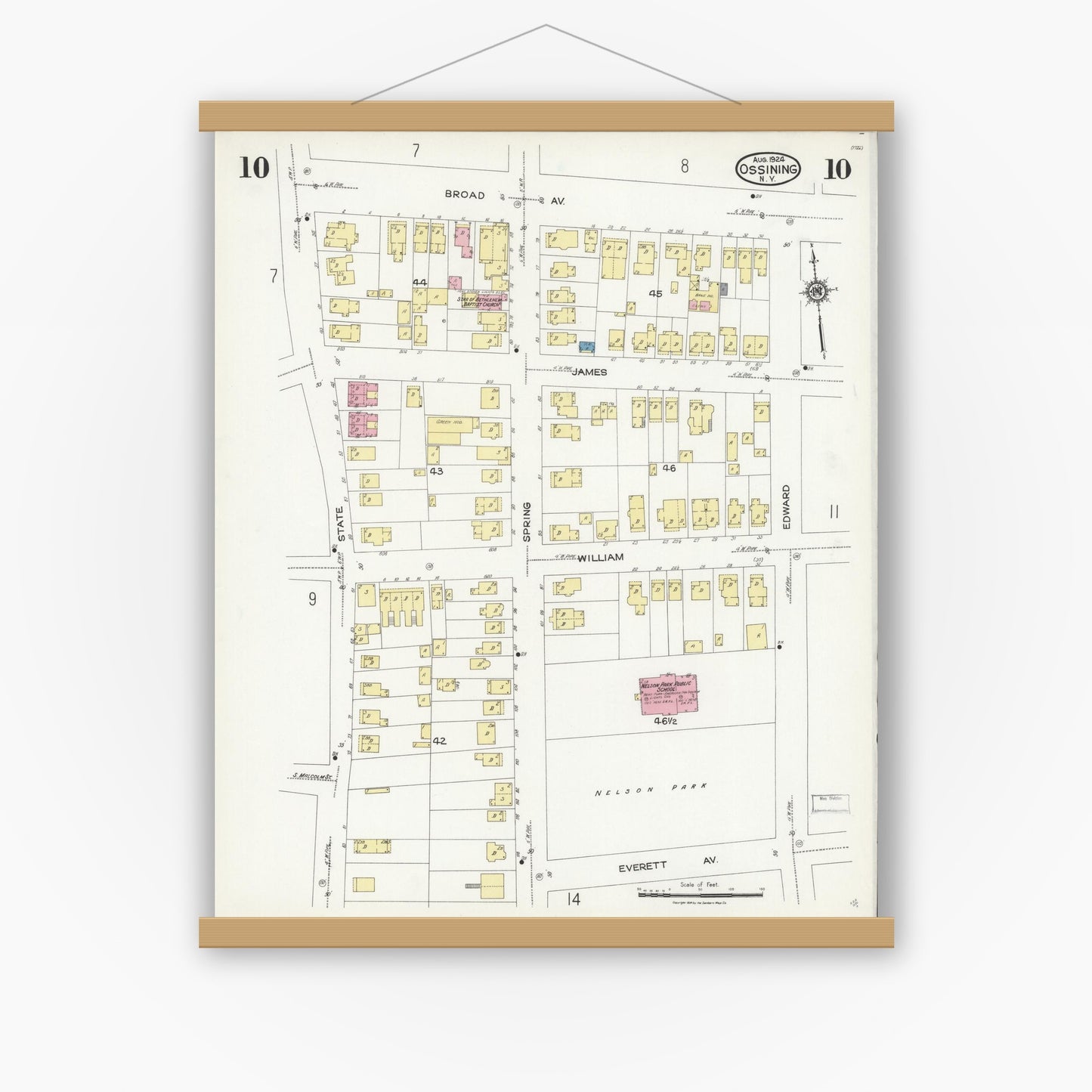 Old map wall art mockup — magnetic wood frame on white wall — Sanborn Fire Insurance Map from Ossining, Westchester County, New York (1924), Sheet #0010