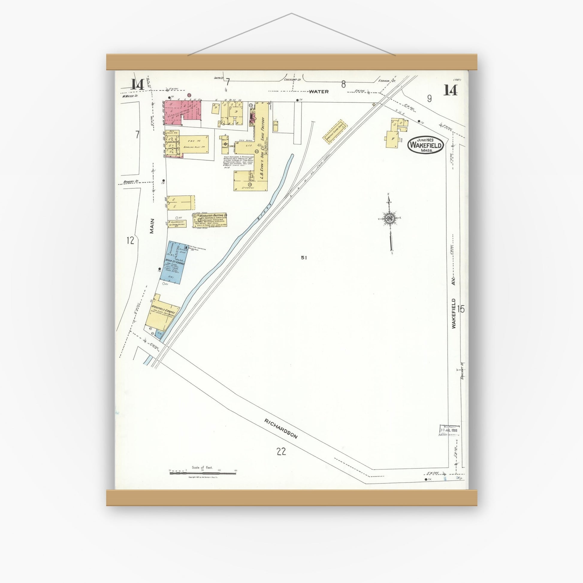Old map wall art mockup — magnetic wood frame on white wall — Sanborn Fire Insurance Map from Wakefield, Middlesex County, Massachusetts (1923), Sheet #0014