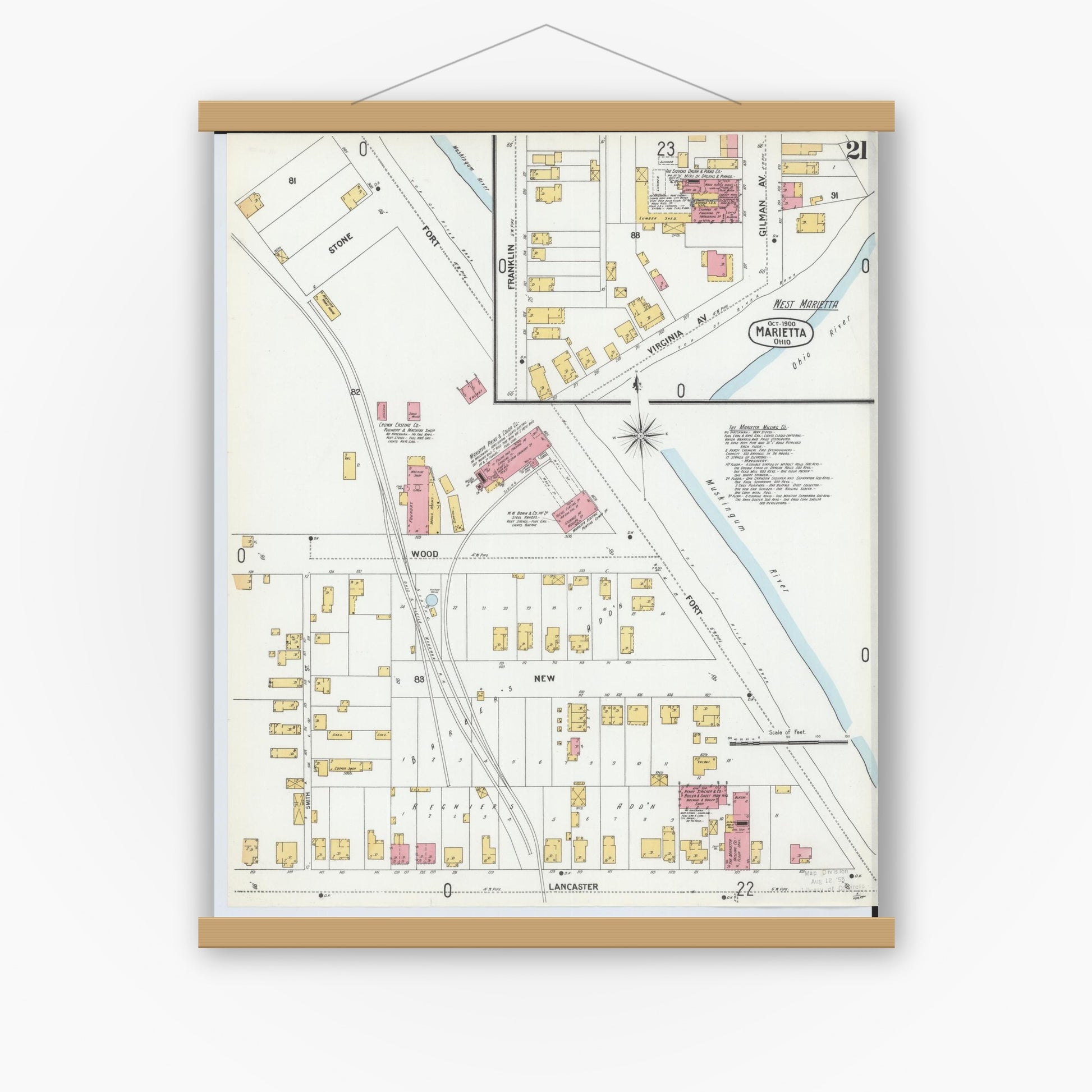 Old map wall art mockup — magnetic wood frame on white wall — Sanborn Fire Insurance Map from Marietta, Washington County, Ohio (1900), Sheet #0021