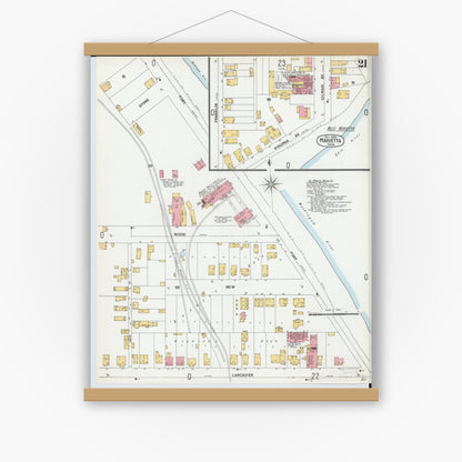Old map wall art mockup — magnetic wood frame on white wall — Sanborn Fire Insurance Map from Marietta, Washington County, Ohio (1900), Sheet #0021