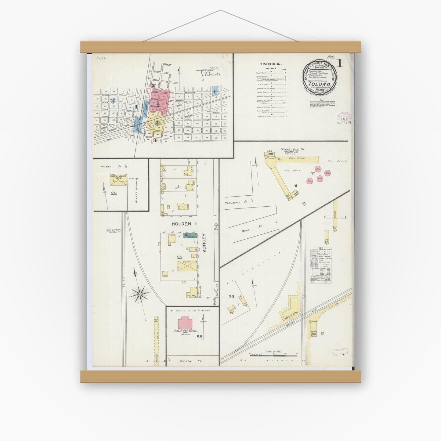 Old map wall art mockup — magnetic wood frame on white wall — Sanborn Fire Insurance Map from Tolono, Champaign County, Illinois (1893) - Complete Map Set