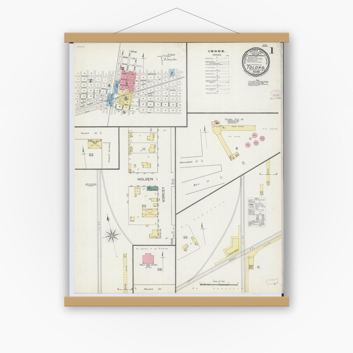Old map wall art mockup — magnetic wood frame on white wall — Sanborn Fire Insurance Map from Tolono, Champaign County, Illinois (1893) - Complete Map Set