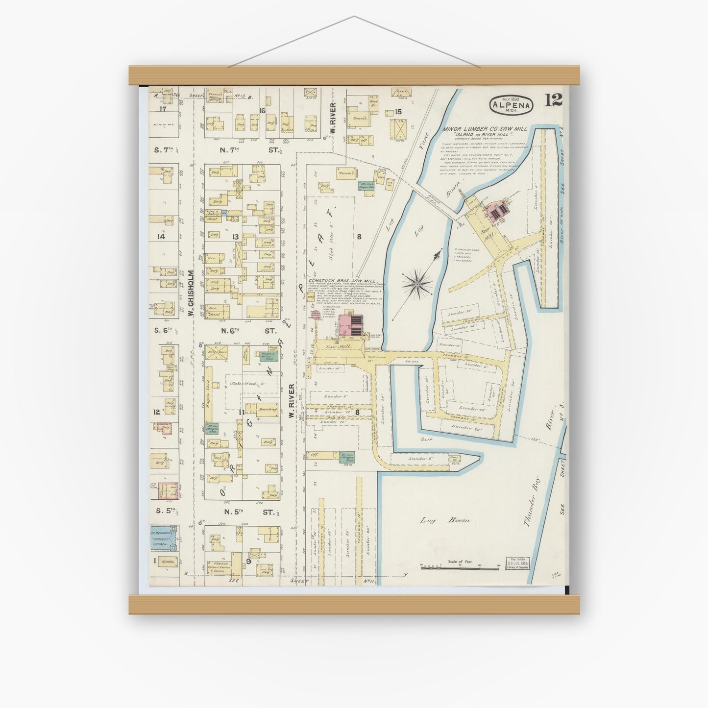 Old map wall art mockup — magnetic wood frame on white wall — Sanborn Fire Insurance Map from Alpena, Alpena County, Michigan (1890), Sheet #0012