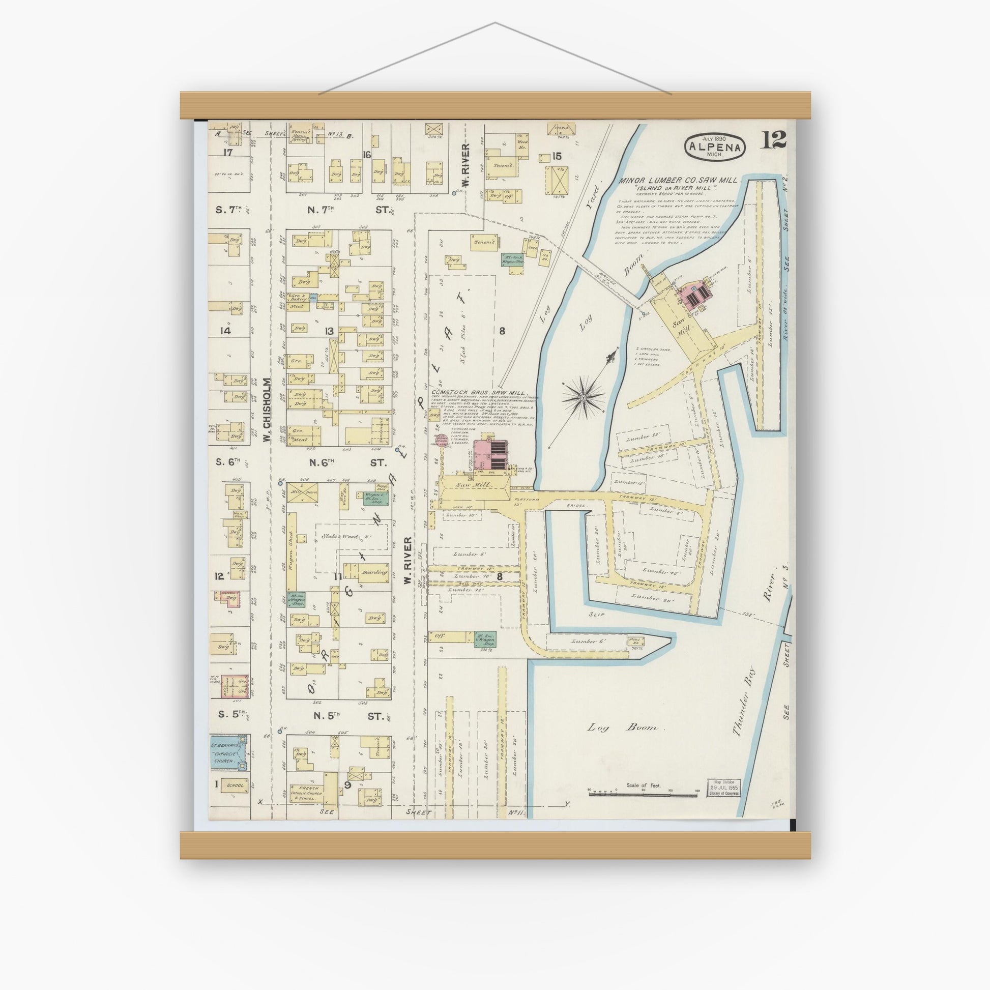 Old map wall art mockup — magnetic wood frame on white wall — Sanborn Fire Insurance Map from Alpena, Alpena County, Michigan (1890), Sheet #0012